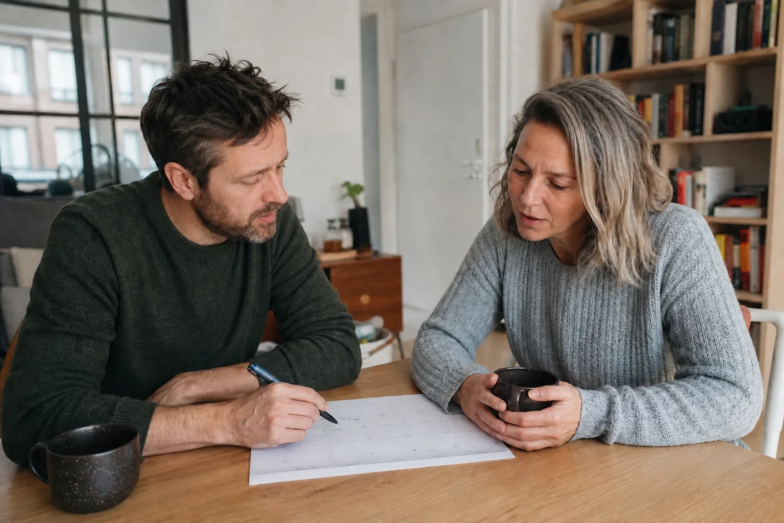 A calendar and notes being reviewed at an everyday kitchen table