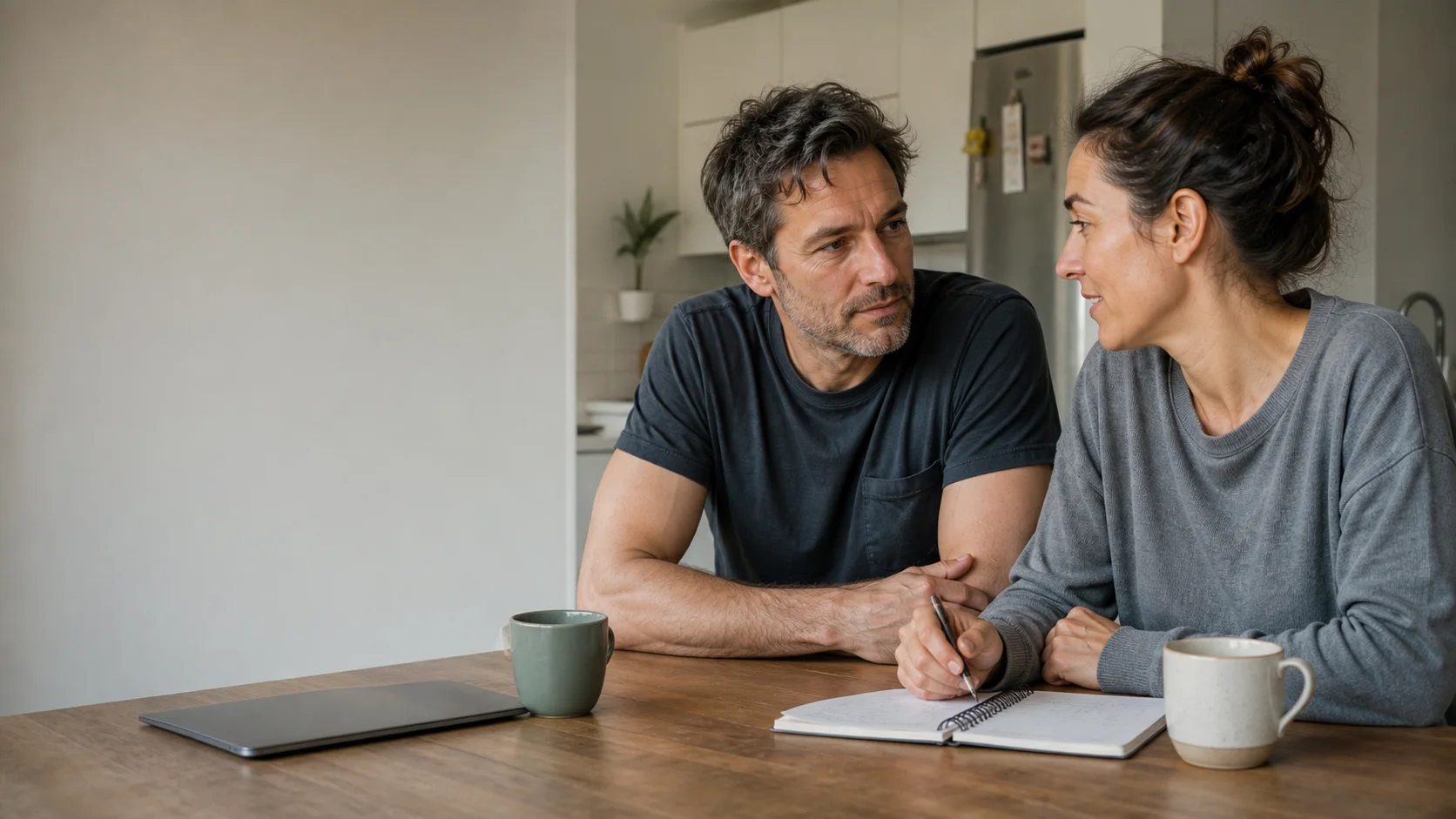 Two adults speaking openly across a table